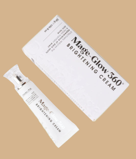 Mage-Glow 360 Brightening Cream packaging on a light yellow background