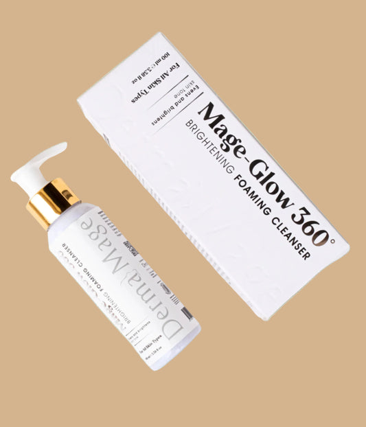 Mage-Glow 360° Brightening Foaming Cleanser bottle and packaging on a beige background